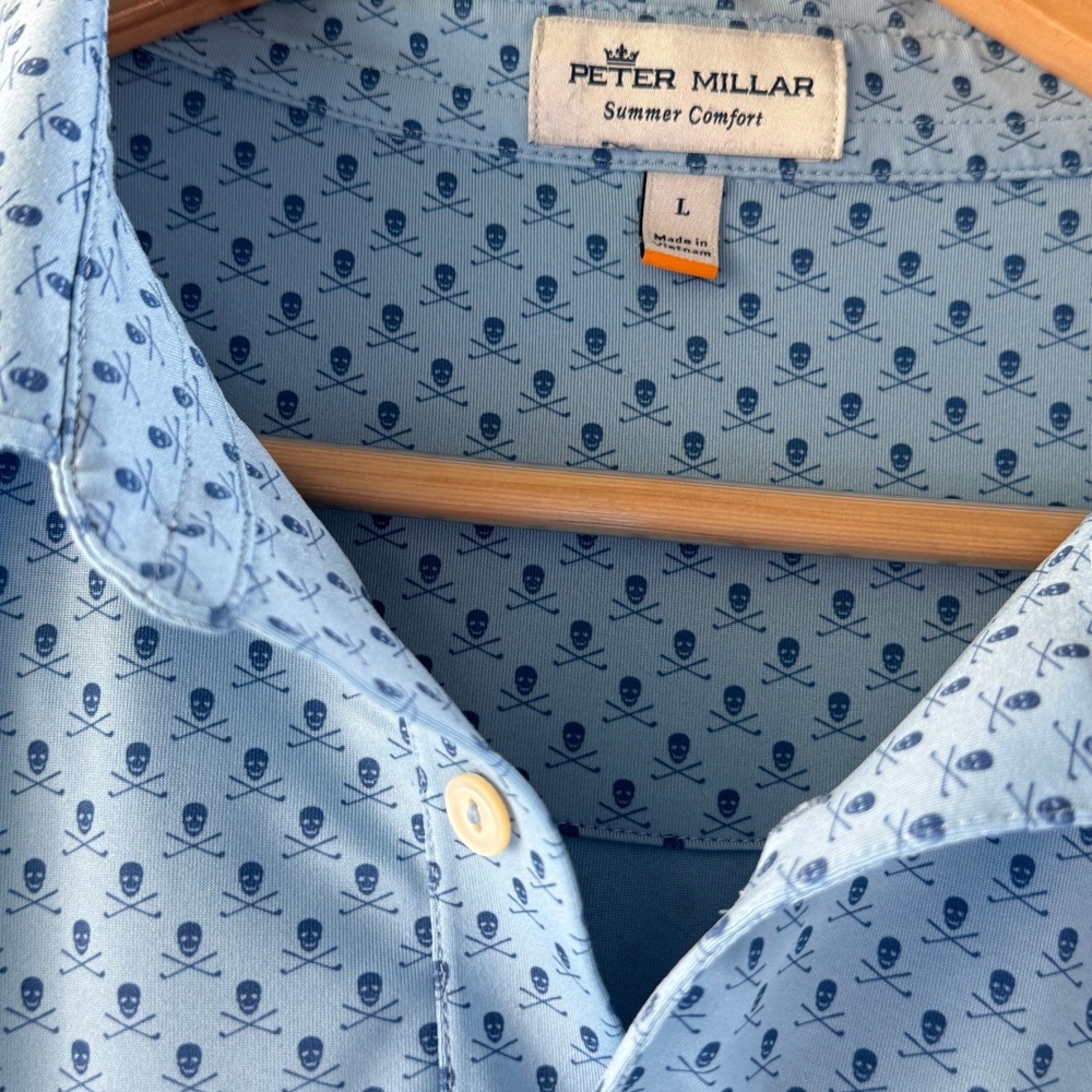 Peter Millar Polo Skull Crossbones Summer Comfort Blue Golf Shirt Mens Size L - Picture 11 of 12